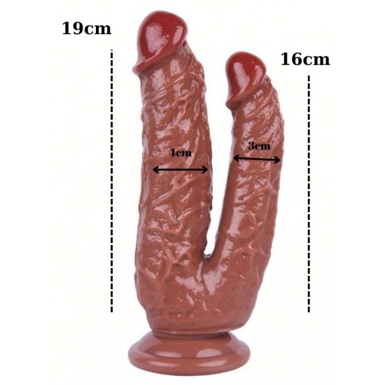 FAAK Toptan Seks Oyuncakları, Kahverengi Çift Girişli Vantuzlu Dildo 19cm