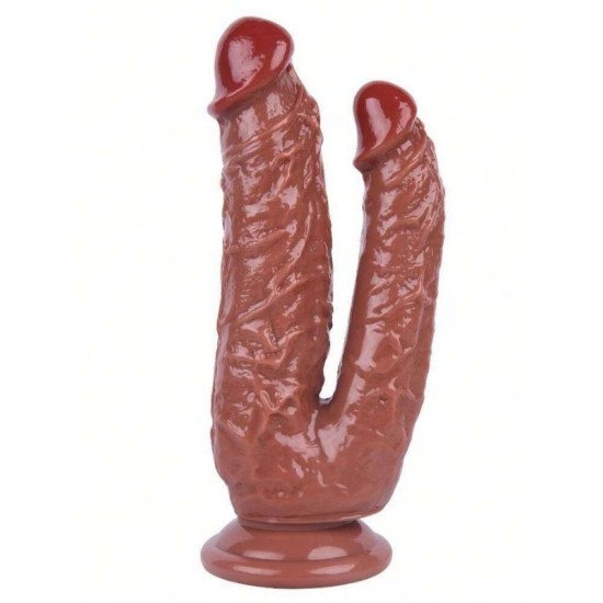 FAAK Toptan Seks Oyuncakları, Kahverengi Çift Girişli Vantuzlu Dildo 19cm