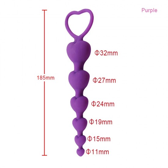 Backpart Kalp Şeklinde Boncuklu Silikon Pürüzsüz Yüzey 5 Boğumlu Anal Tıkaç (Plug) - Mor